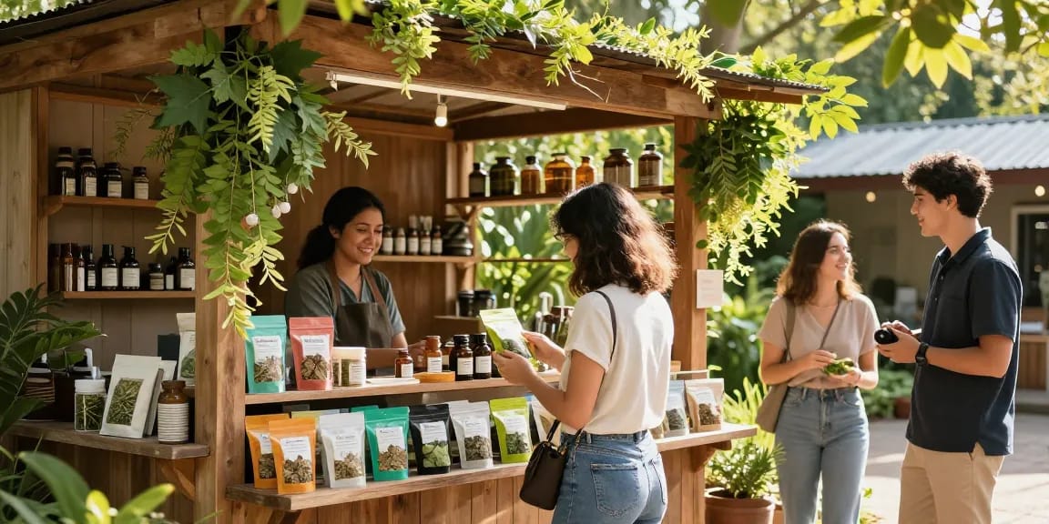 Explore premium kratom products at https://behappygoleafy.com in a vibrant outdoor herbal shop.