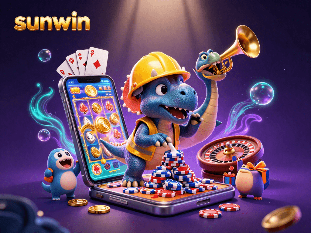sunwin showcases a thrilling casino scene with dinosaurs building poker chip pyramids, celebrating wins.