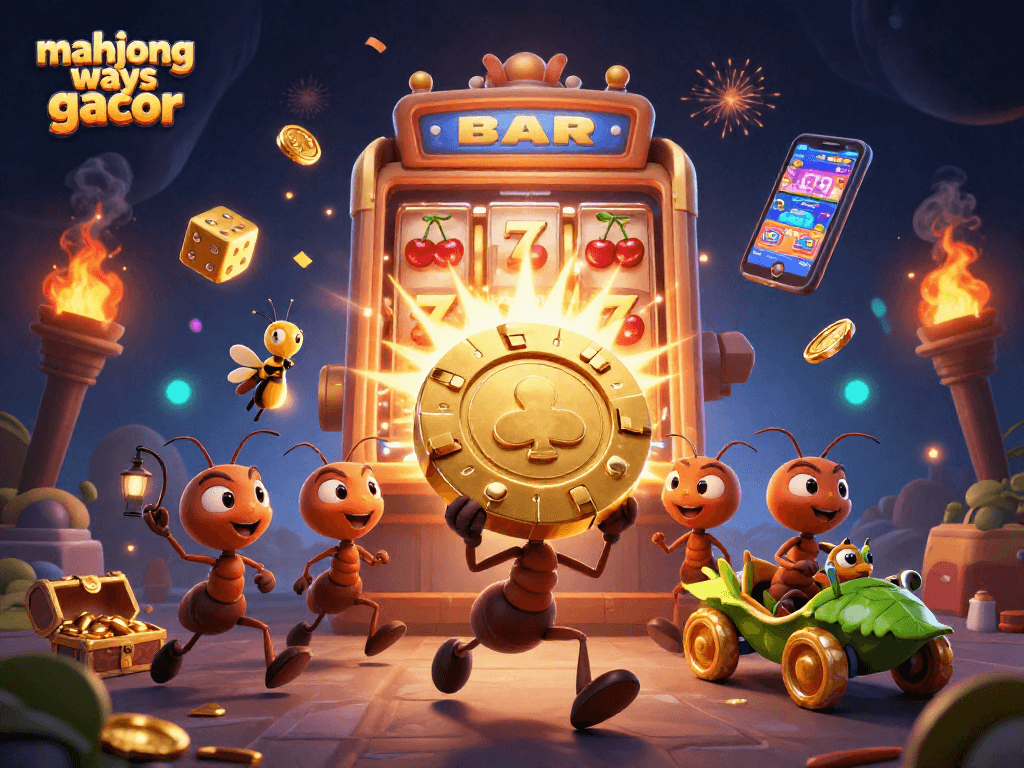Experience the excitement of mahjong ways gacor with a thrilling heist illustration featuring dynamic casino elements and colorful 3D characters.