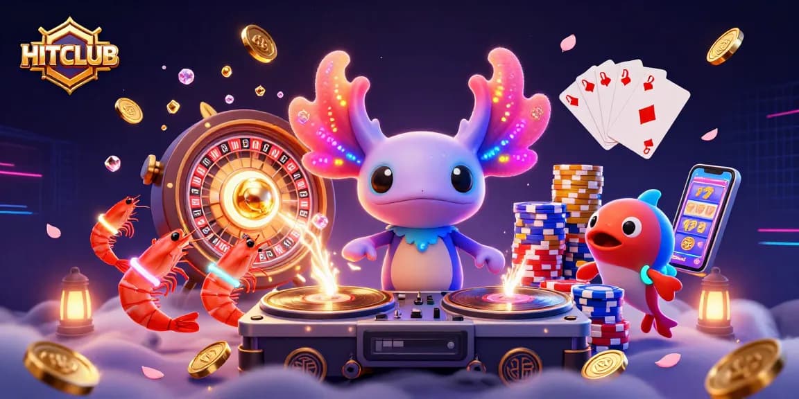 Experience HITCLUB like never before with vibrant characters and dynamic casino elements in this lively 3D illustration.