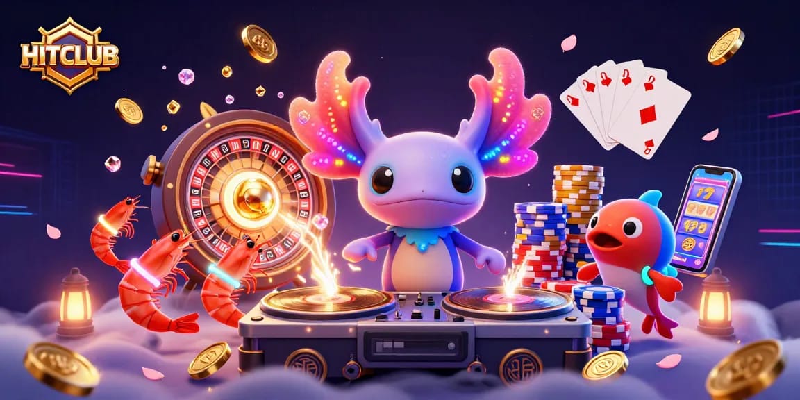 Experience HITCLUB like never before with vibrant characters and dynamic casino elements in this lively 3D illustration.