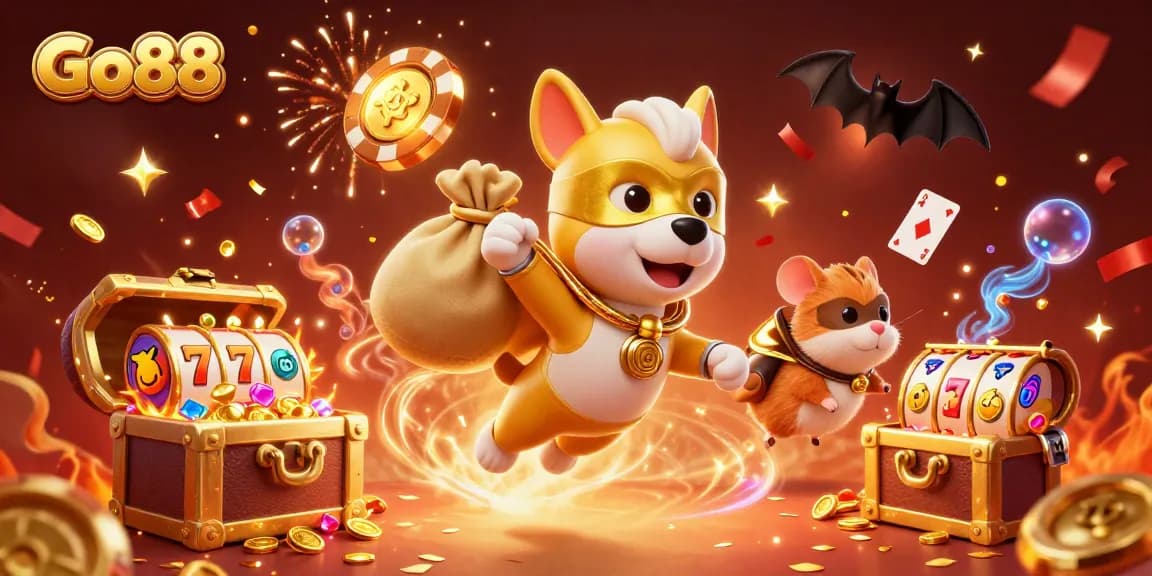 Go88 offers an exciting casino experience with cartoon heroes, celebrating wins with confetti and colorful game elements.