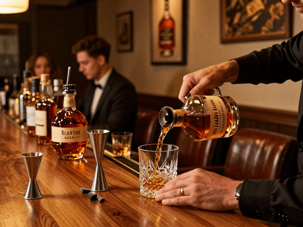 Enjoying Blanton's Gold bourbon in an elegant bar, showcasing rich colors and a cozy atmosphere.