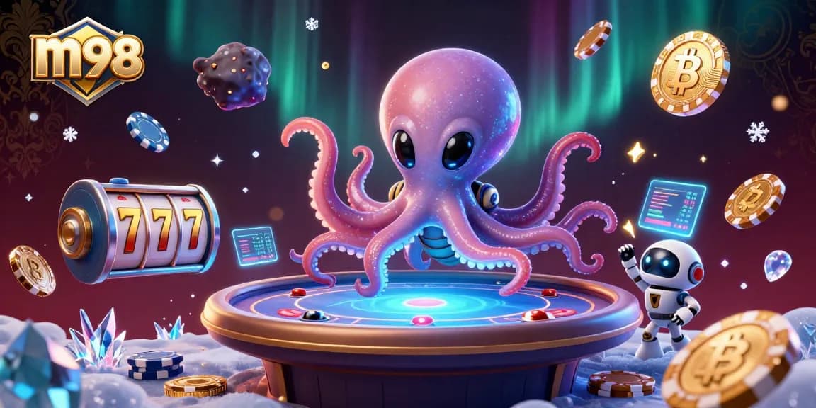 Experience the thrill of m98 with a vibrant, dynamic casino scene showcasing exciting 3D characters and games.