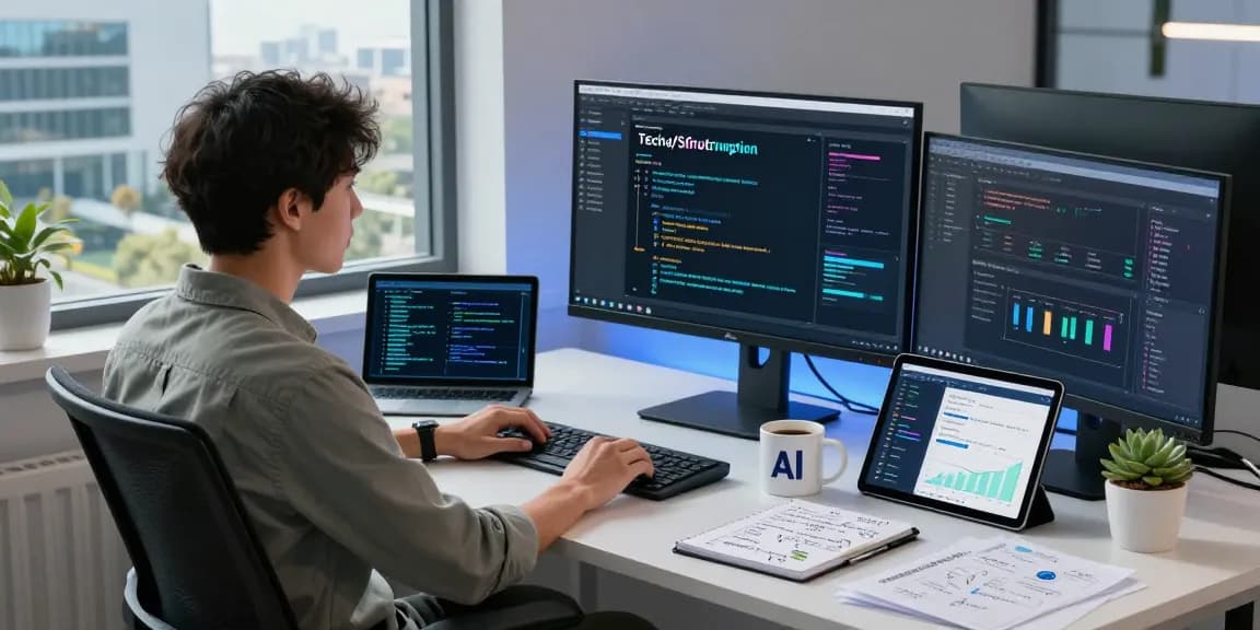 Engineer focusing on AI automation in a modern workspace with digital tools and algorithms.