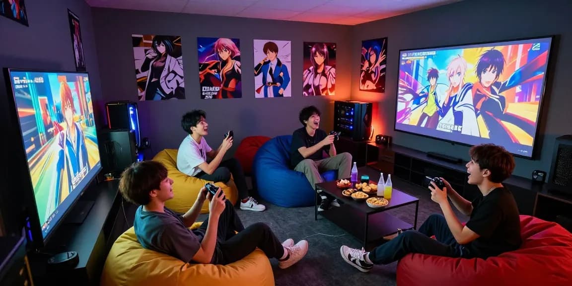 Playful group enjoying hentaigames in a cozy gaming room.