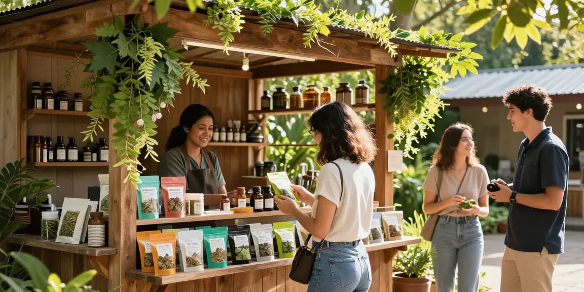 Explore premium kratom products at https://behappygoleafy.com in a vibrant outdoor herbal shop.