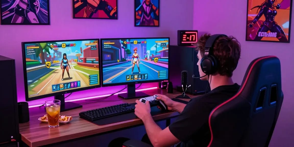 Engaging player fully immersed in a thrilling sex simulator game, showcasing a vibrant gaming setup and realistic 3D graphics.