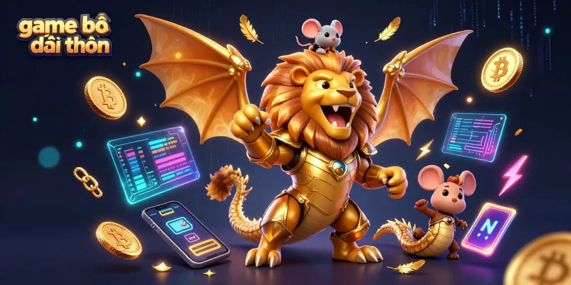 Experience the thrill of game bài đổi thưởng in this vibrant 3D scene featuring a chimera and crypto elements.