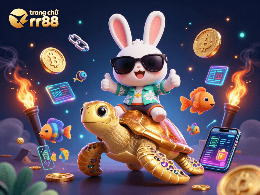 Experience exciting gameplay at trang chủ rr88 with a vibrant 3D illustration of a lucky rabbit and golden sea turtle.