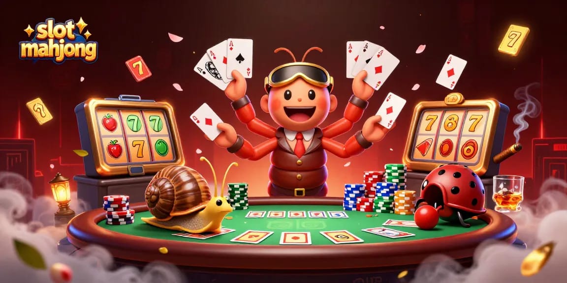 Engage in slot mahjong gameplay with dynamic characters in a rich casino scene.