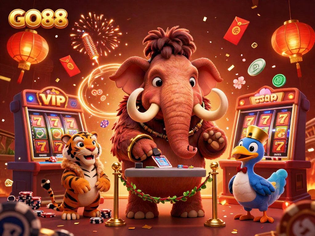 Experience the excitement of GO88 with a vibrant scene of animated characters, casino gaming elements, and festive celebration.