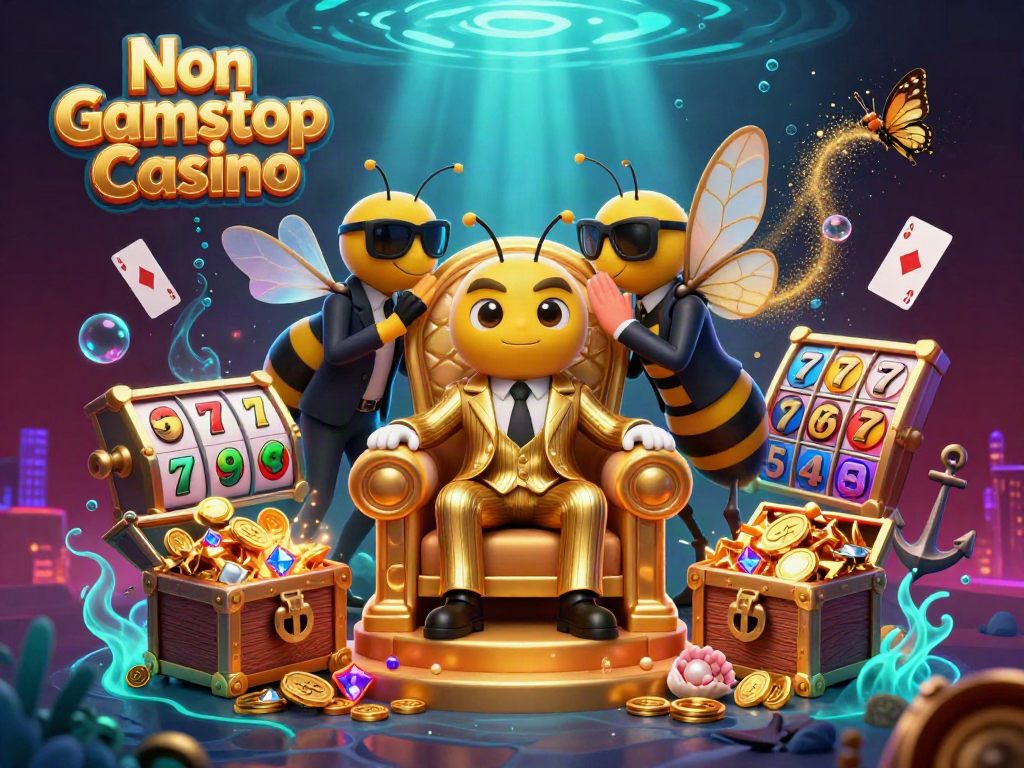 Experience an energetic scene with Non Gamstop Casino's 3D cartoon mob boss, flanked by guards and rich gaming elements.