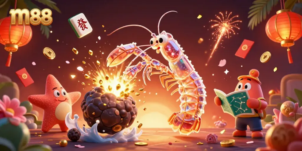 Experience thrilling wins at m88 with a dynamic casino scene featuring a mantis shrimp and starfish amidst golden treasures.