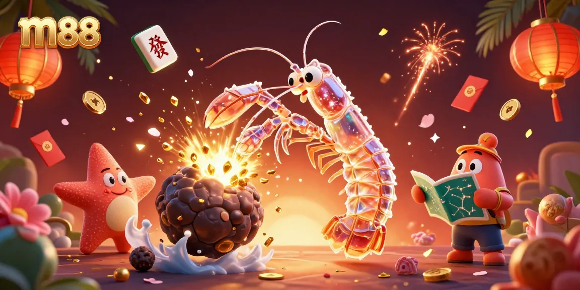Experience thrilling wins at m88 with a dynamic casino scene featuring a mantis shrimp and starfish amidst golden treasures.