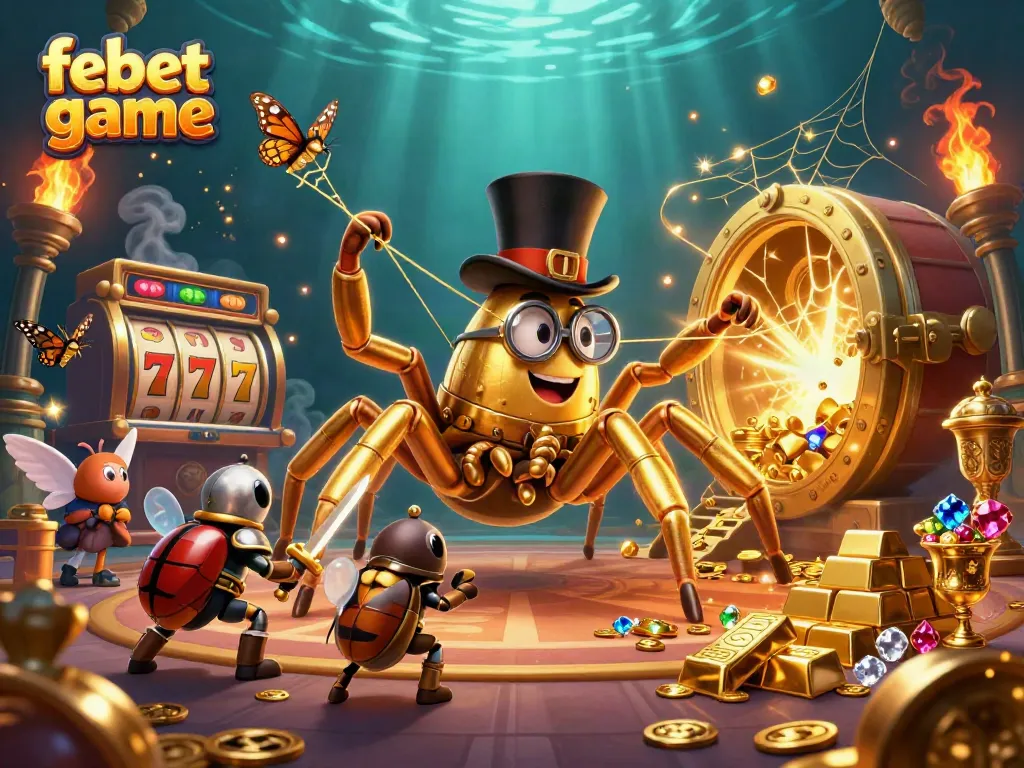 Experience the excitement of febet game with dynamic elements like slot reels, golden treasures, and interactive characters.