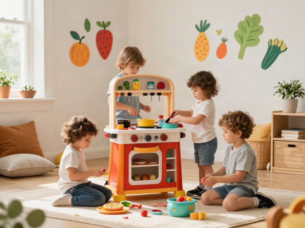 Children enjoying imaginative play with a play kitchen, colourful food items, and a vibrant playroom setting.