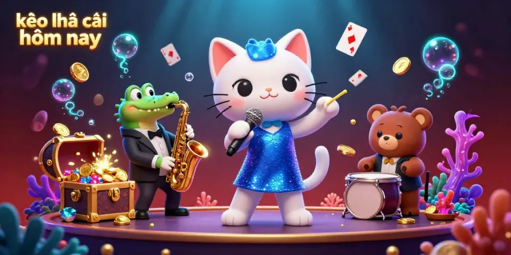 Capture the lively ambiance of kèo nhà cái hôm nay with a vibrant 3D illustration featuring a singing cat and saxophonist crocodile.