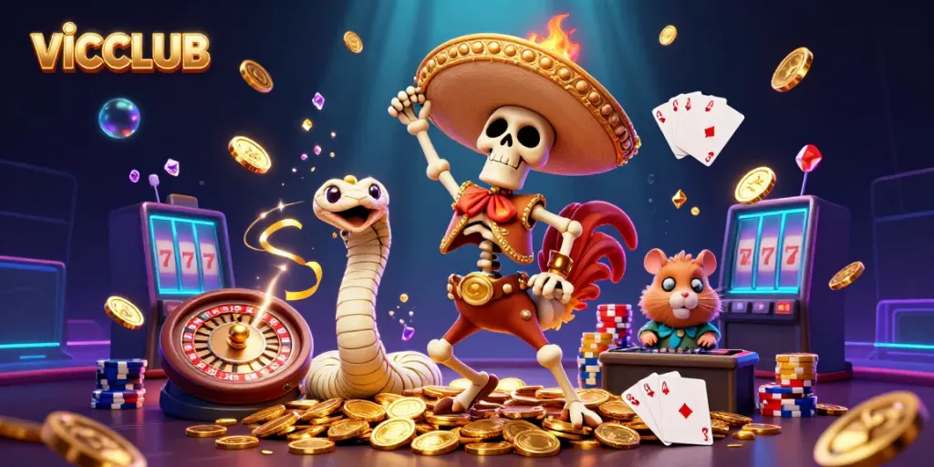 Experience the excitement at VICCLUB, with a festive skeleton, mummy snake, and DJ hamster amid cascading gold coins.