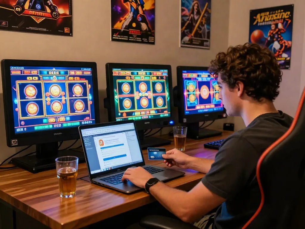 Player using an Amex card at vibrant online casinos with colorful slot games on a laptop screen.