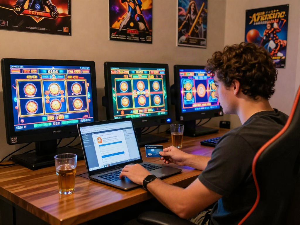 Player using an Amex card at vibrant online casinos with colorful slot games on a laptop screen.