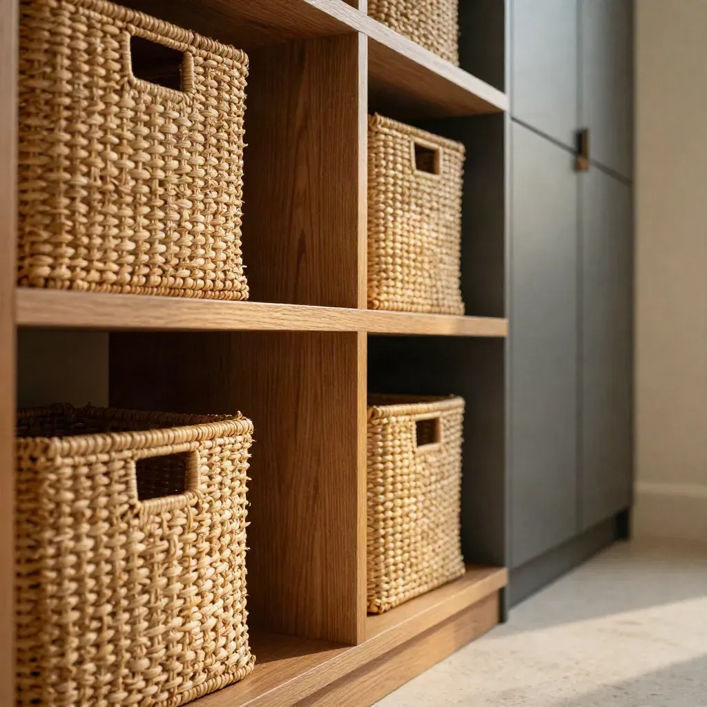 Macro of oak hallway shelving, woven baskets and closed cupboards in a moody alcove.