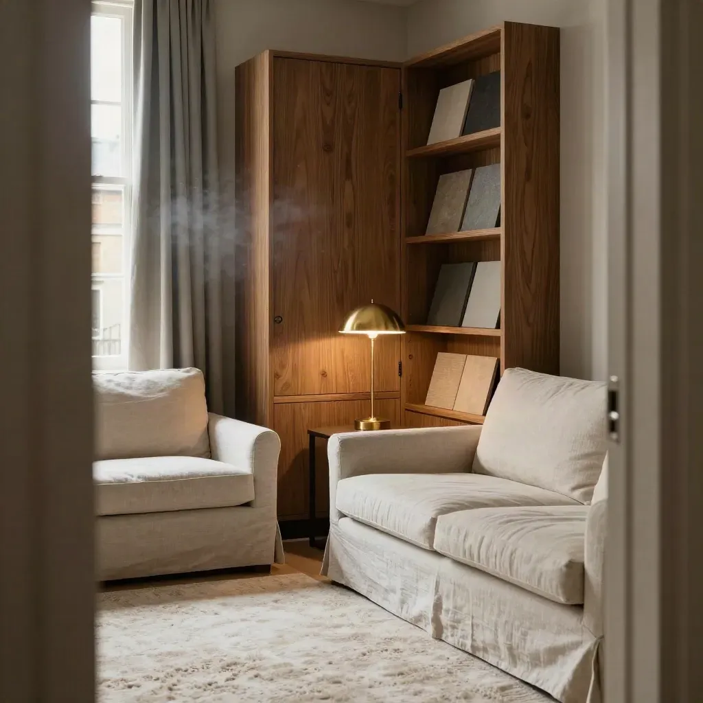 London sitting-room corner with oak storage, brass lamp, sofa edge and sample boards.