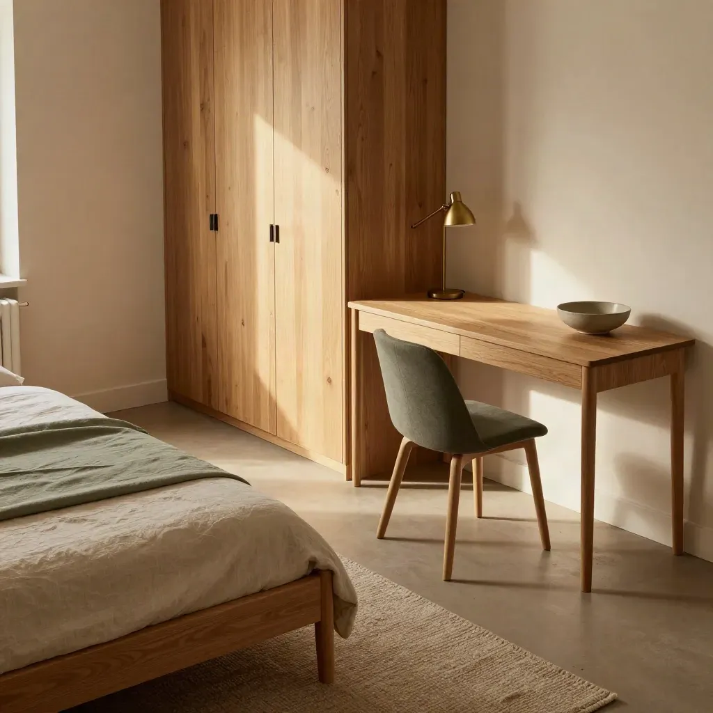 A bedroom-office hybrid with a bed, slim desk and clear path beside a fitted wardrobe.