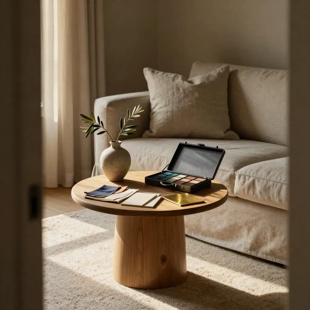 Neutral sofa, sample kit, and oak side table in a calm sitting room lit by drizzle-softened daylight.
