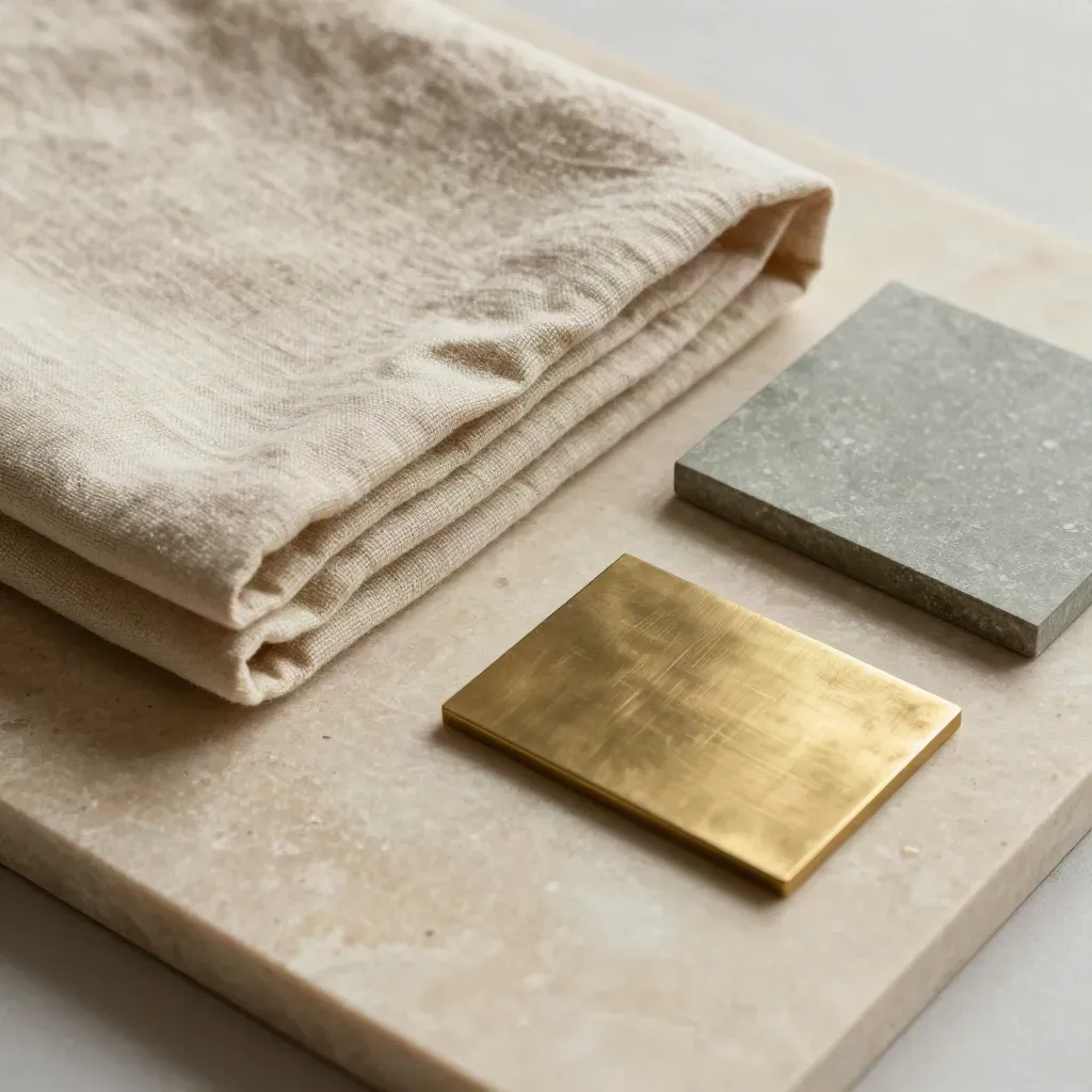 Overhead styling mood board with linen, paint chips, stone and brass accents