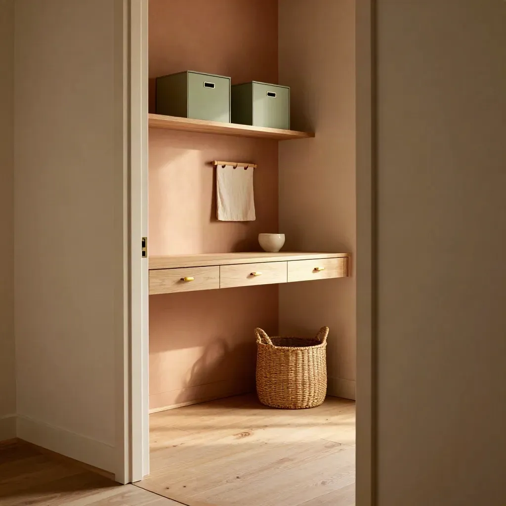 Narrow sage-and-oak home office nook with slim desk, hidden storage, and brass details.