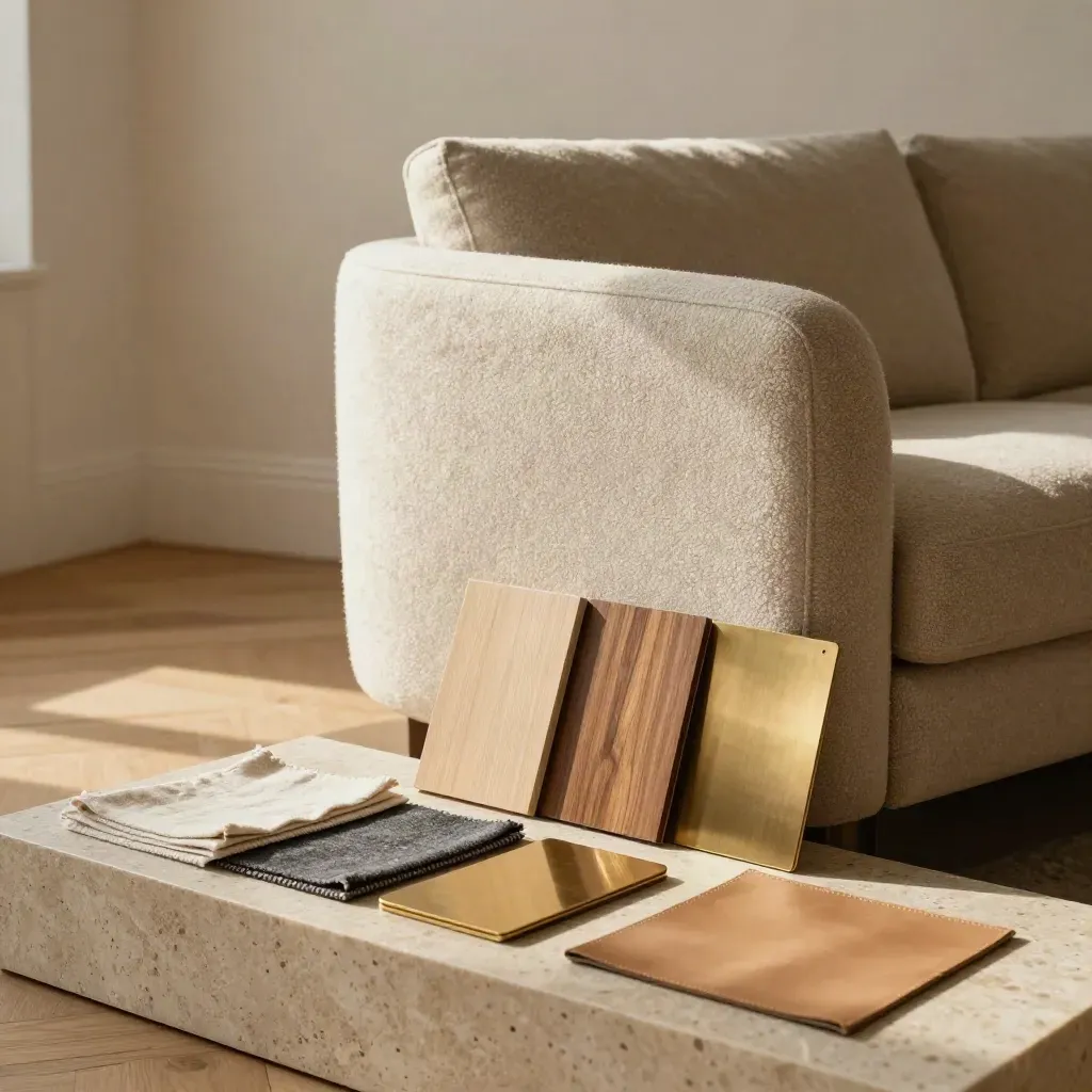 Sofa arm, fabric swatches, and veneer cards arranged in a calm living-room sourcing scene.