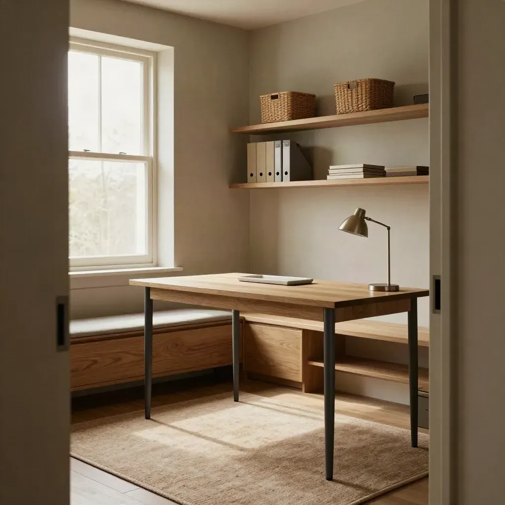 Bright spare bedroom office with slim desk, wall shelves, and hidden storage bench in warm morning light.