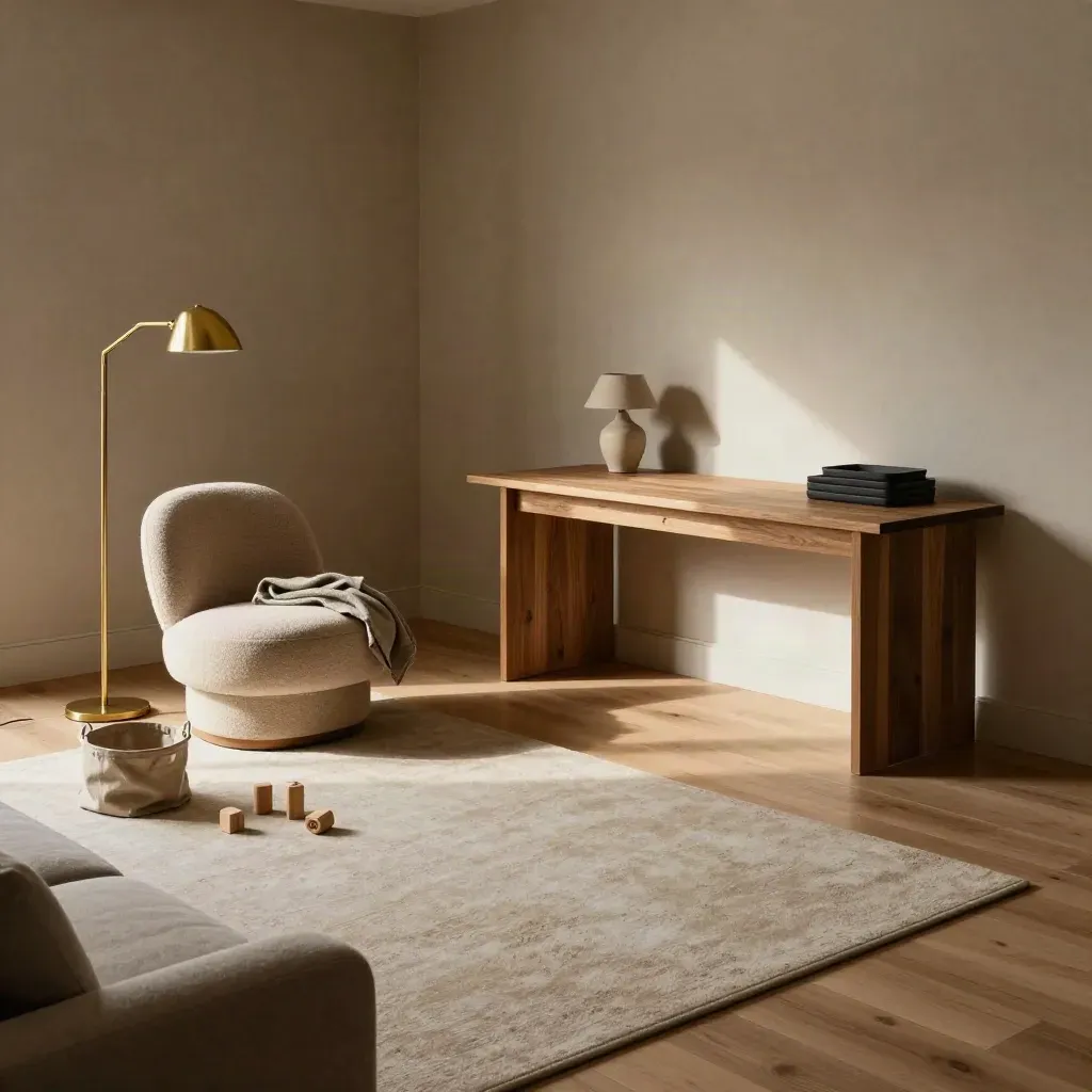 Moody family room with play rug, reading chair, and work corner in clear zones