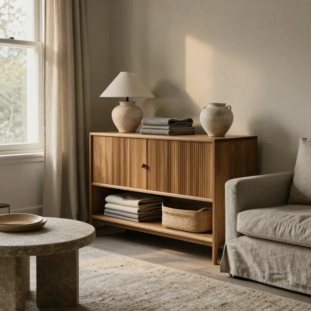Rental living room with freestanding oak storage, lidded baskets and soft daylight through a window.