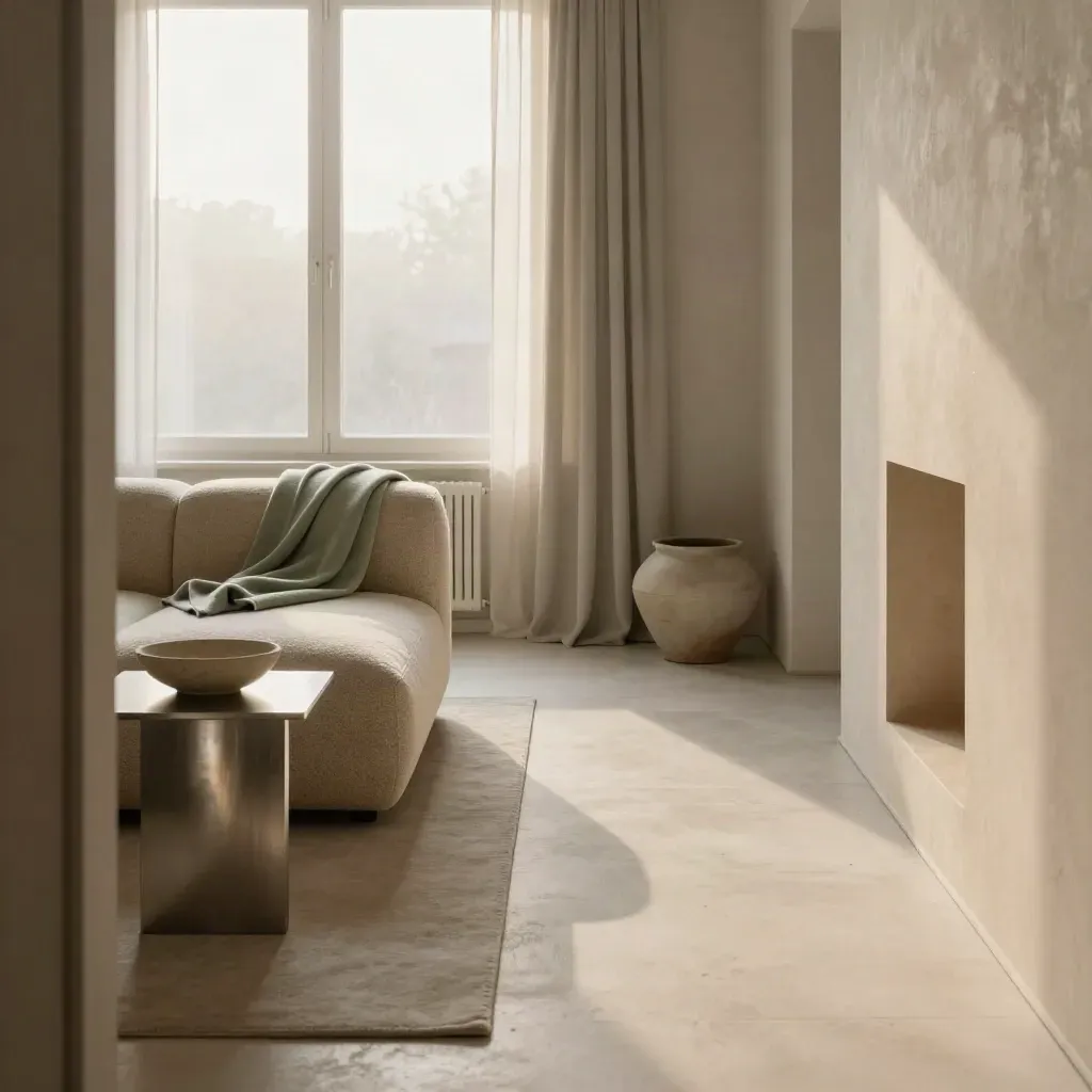 Wide studio flat with a low sofa, open floor run, and soft morning light at the window wall.