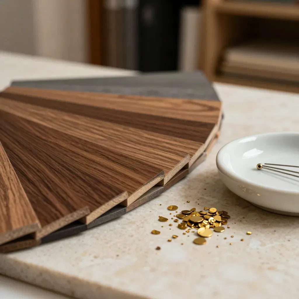 Walnut veneer samples, brass chips and an oat ceramic pin dish on pale travertine.