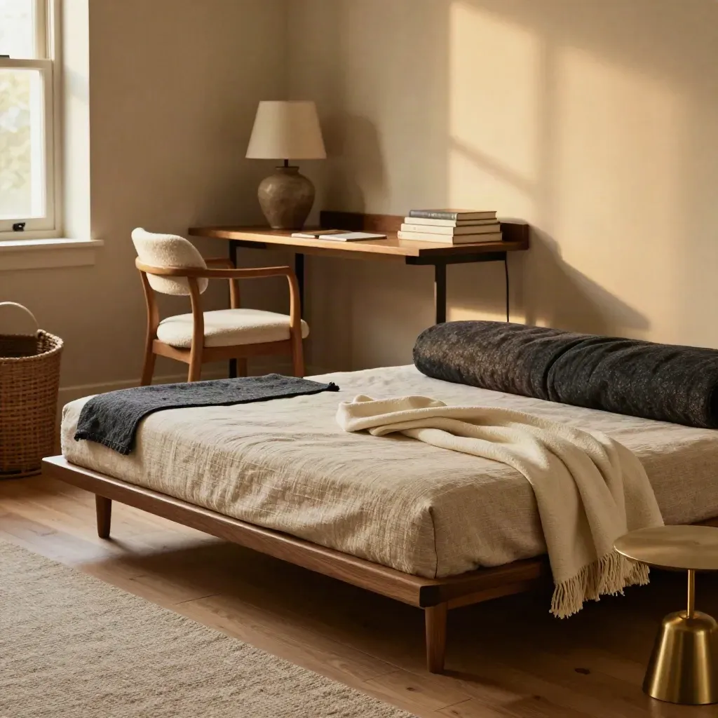 Guest room with daybed, reading chair and foldaway desk in warm neutral light