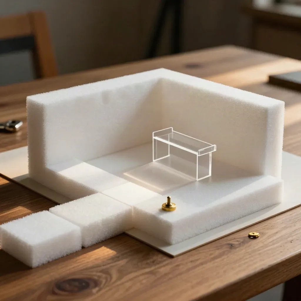 Miniature room model with foam blocks, acrylic silhouette and brass weight on a walnut bench.