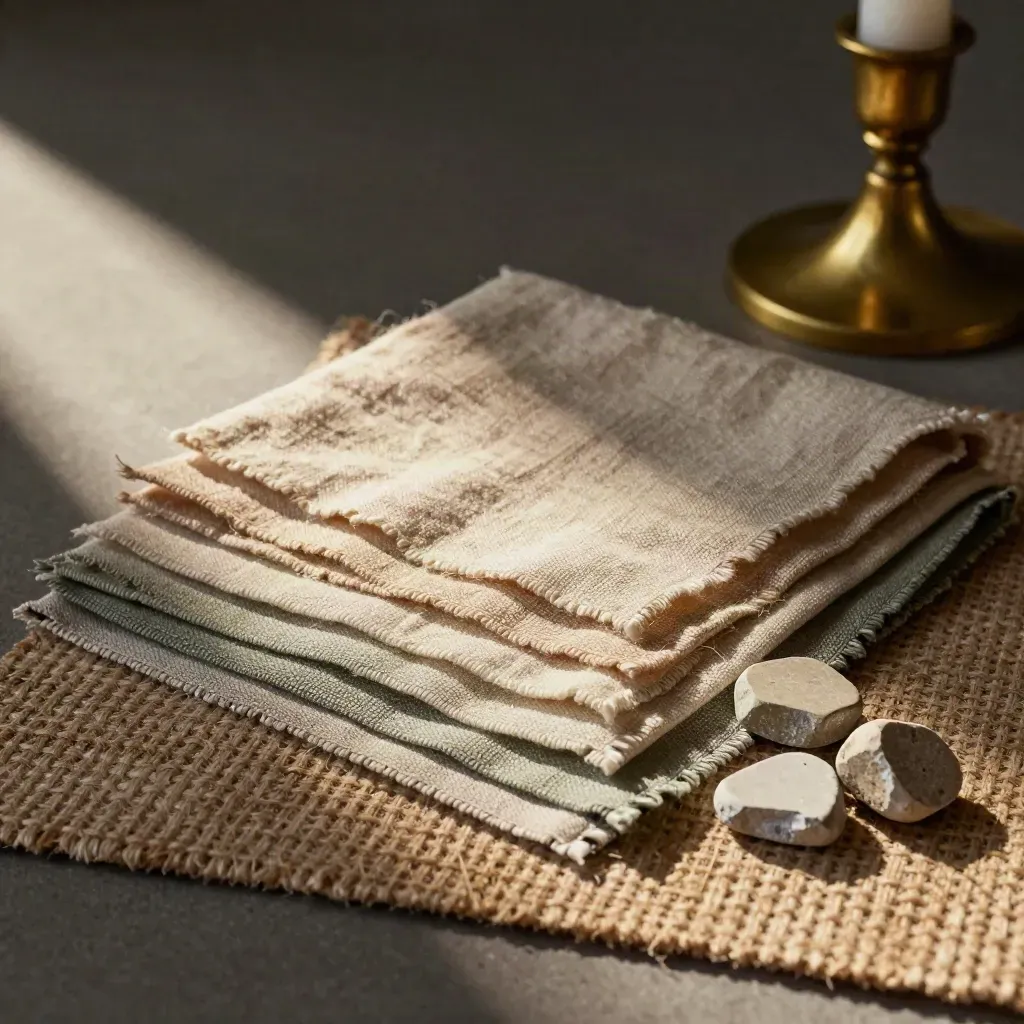 Linen swatches, stone chips and a brass candlestick on a woven mat, side-lit with soft haze.