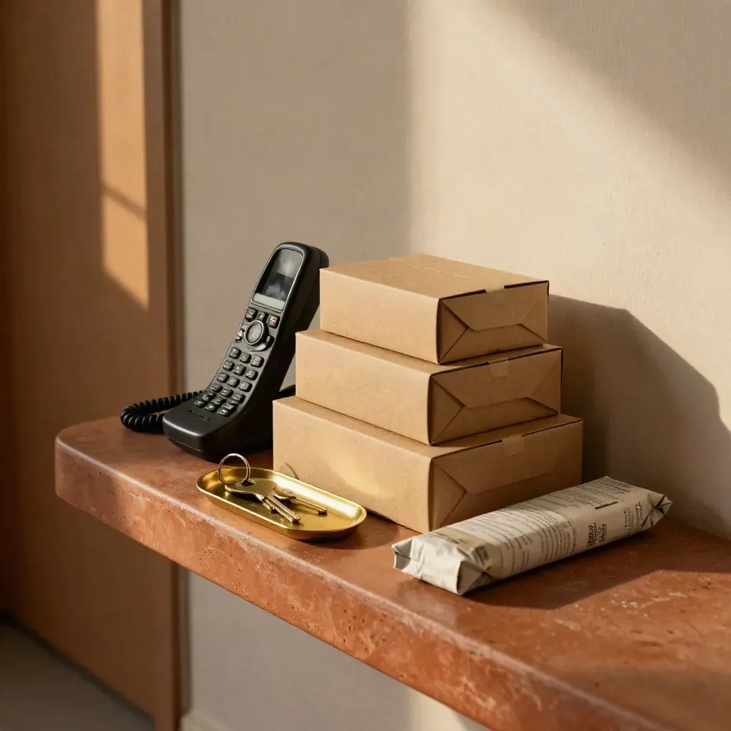 Overhead still life of a cordless phone, sample boxes and brass key tray on a console.