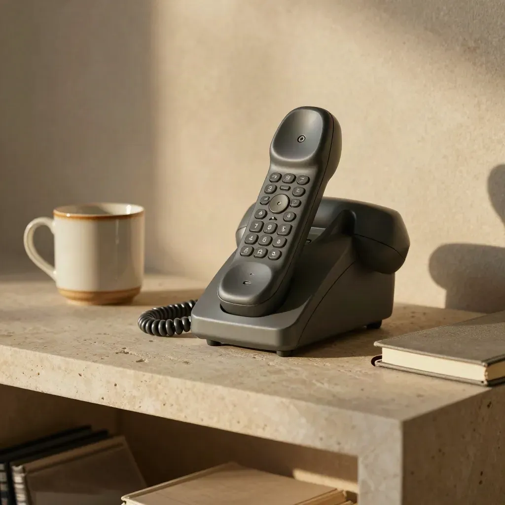 Charcoal phone dock, mug, and closed notebook on a stone sideboard in soft morning light.