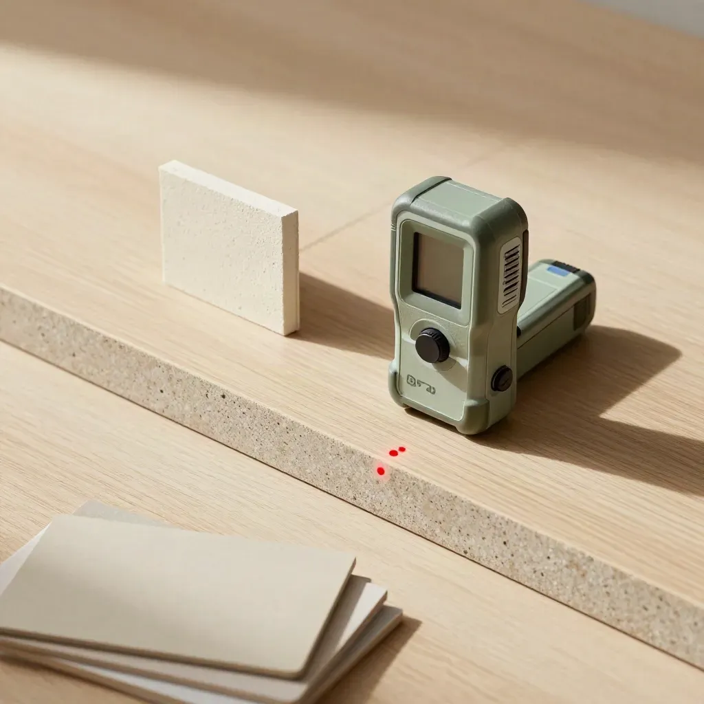 Laser distance meter with face-down room photos and a corner sample on pale wood, red dot on skirting edge