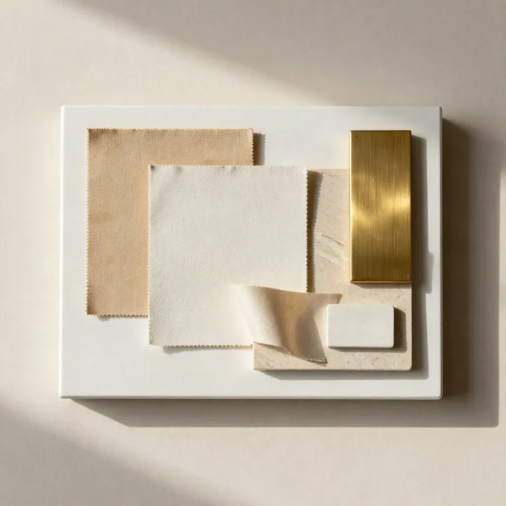 Overhead plan draft still life with room model, fabric swatches and a stone tray on plaster.