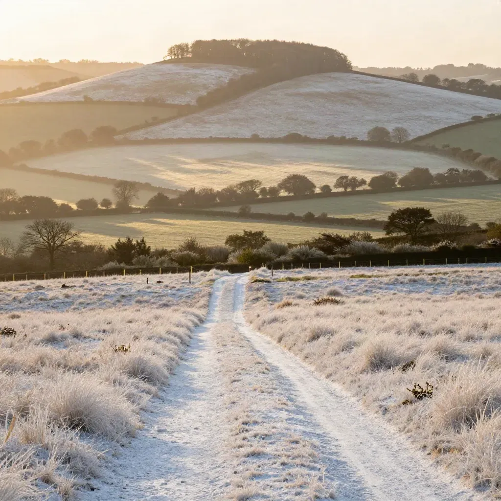 Sunlit Surrey chalk downs and misty wooded ridge above a quiet valley.