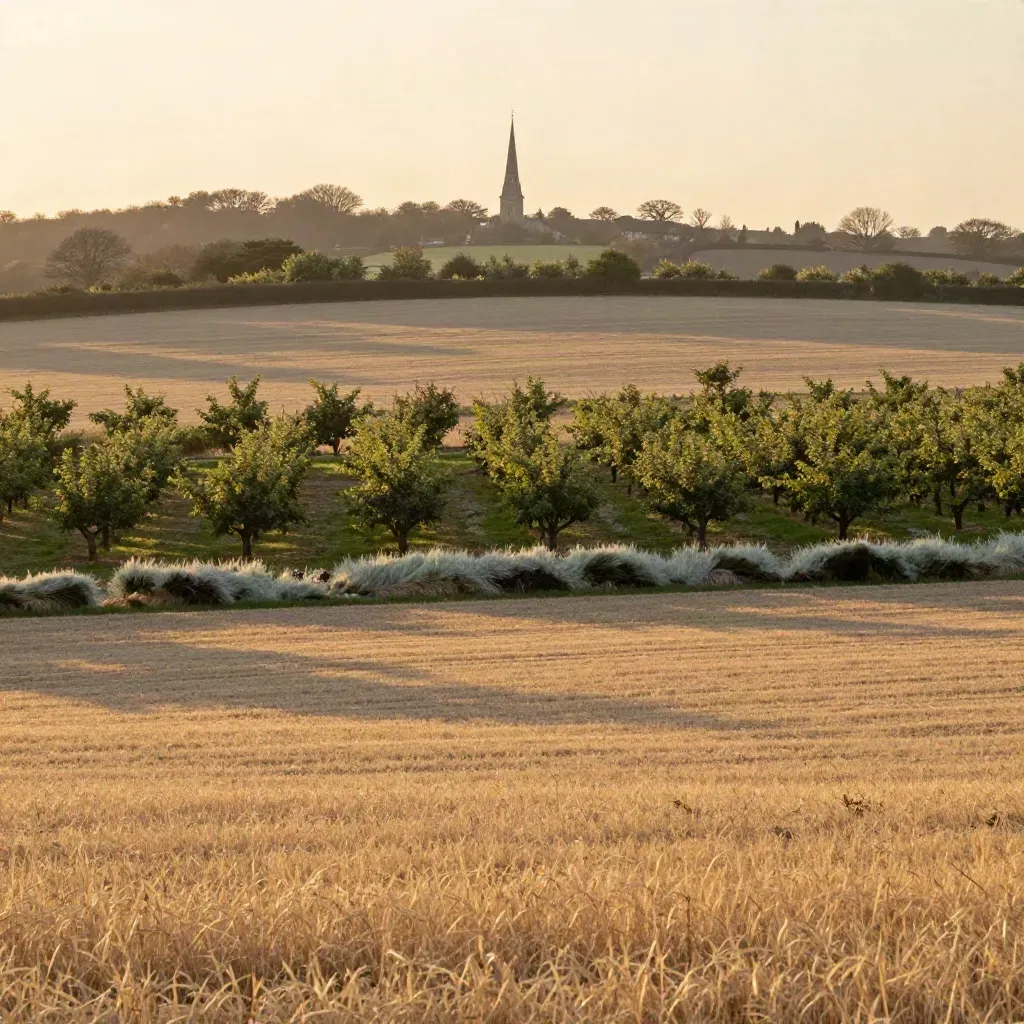Kent orchards and hop fields at golden hour, with a distant stone spire above the Weald.