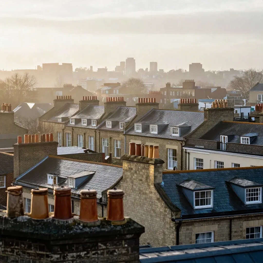 Misty North London terrace rooftops at sunrise above a calm open haze.