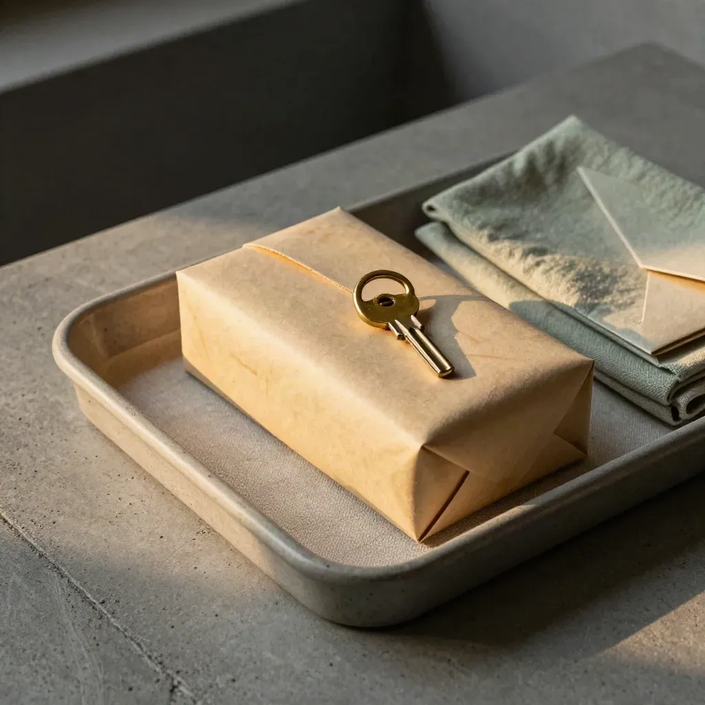 Closed presentation box, brass keyring and sample envelopes in a linen tray on cool concrete.