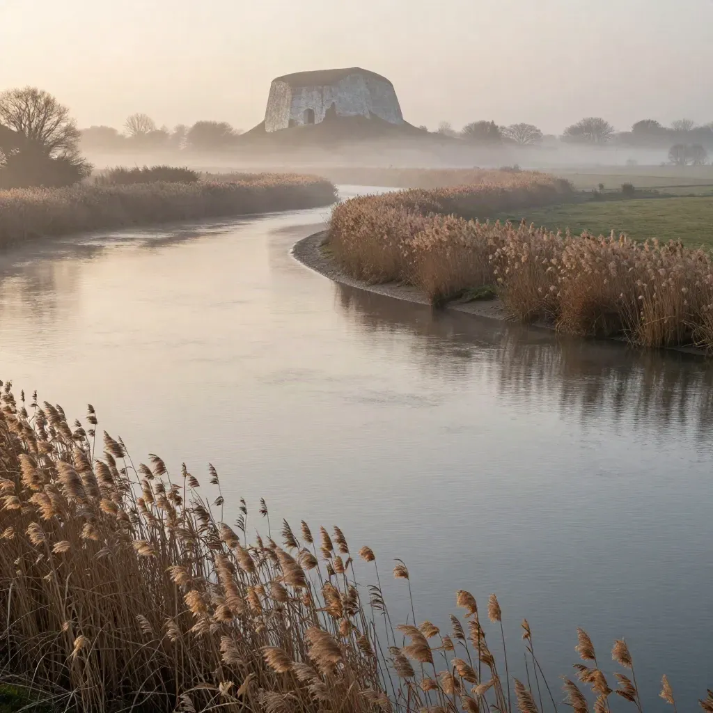 Thames river in mist with reed banks and distant Berkshire stone landscape