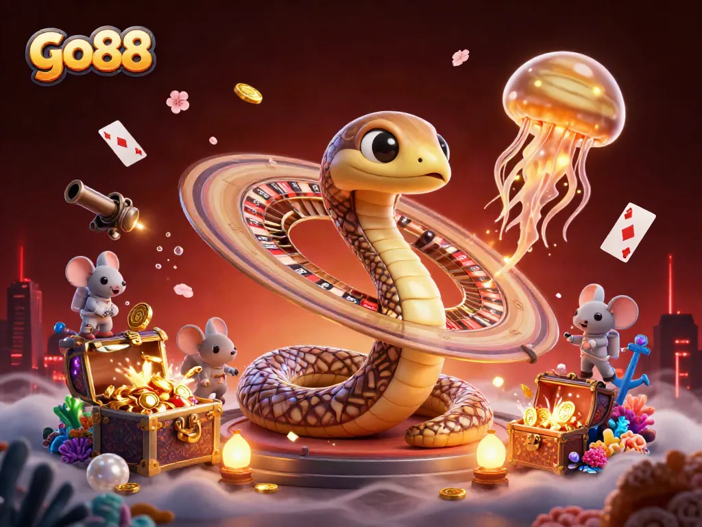 Experience thrills at go88 with a vibrant cosmic casino scene featuring astronaut mice betting around roulette rings.